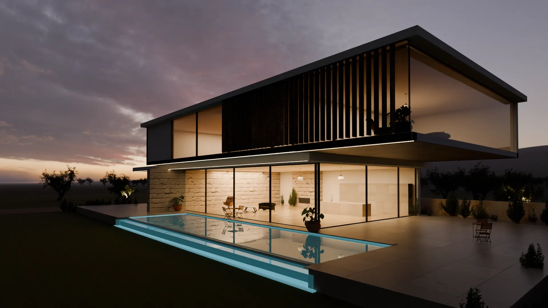 Contemporary villa at dusk with an infinity pool (concept visualisation)